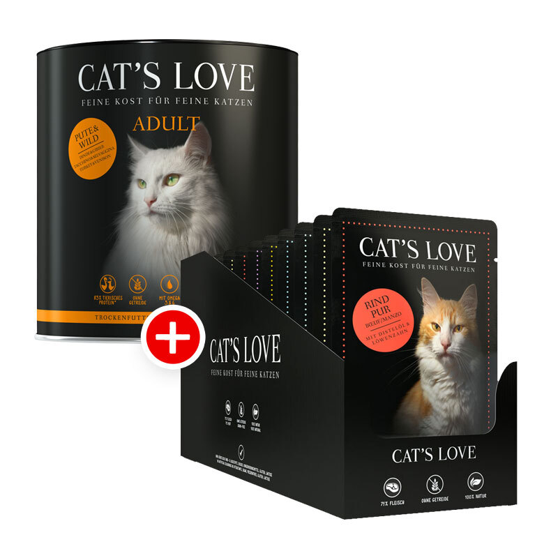 Cat's Love Adult Mischfütterung Set 3 2tlg. Cat's Love Adult Mix Pute und Wild 400g + Cat's Love Multipack 12x85g