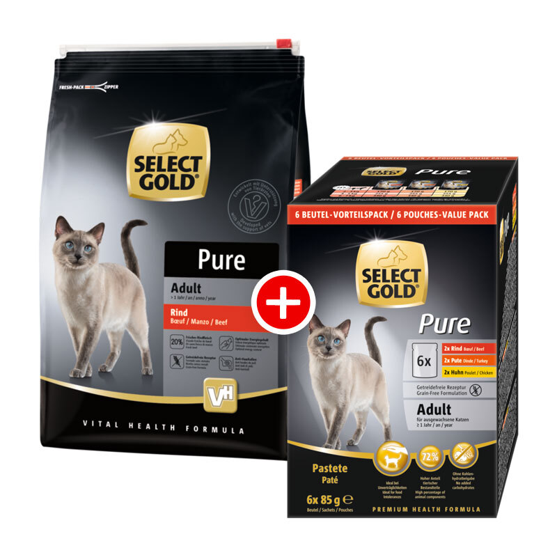 SELECT GOLD PURE Adult Mischfütterung-Set 2tlg. Pure Adult Rind 3kg + 6x85g Multipack Pouch