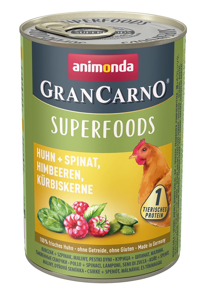 GranCarno Superfoods 6x400g Huhn + Spinat, Himbeeren, Kürbiskerne