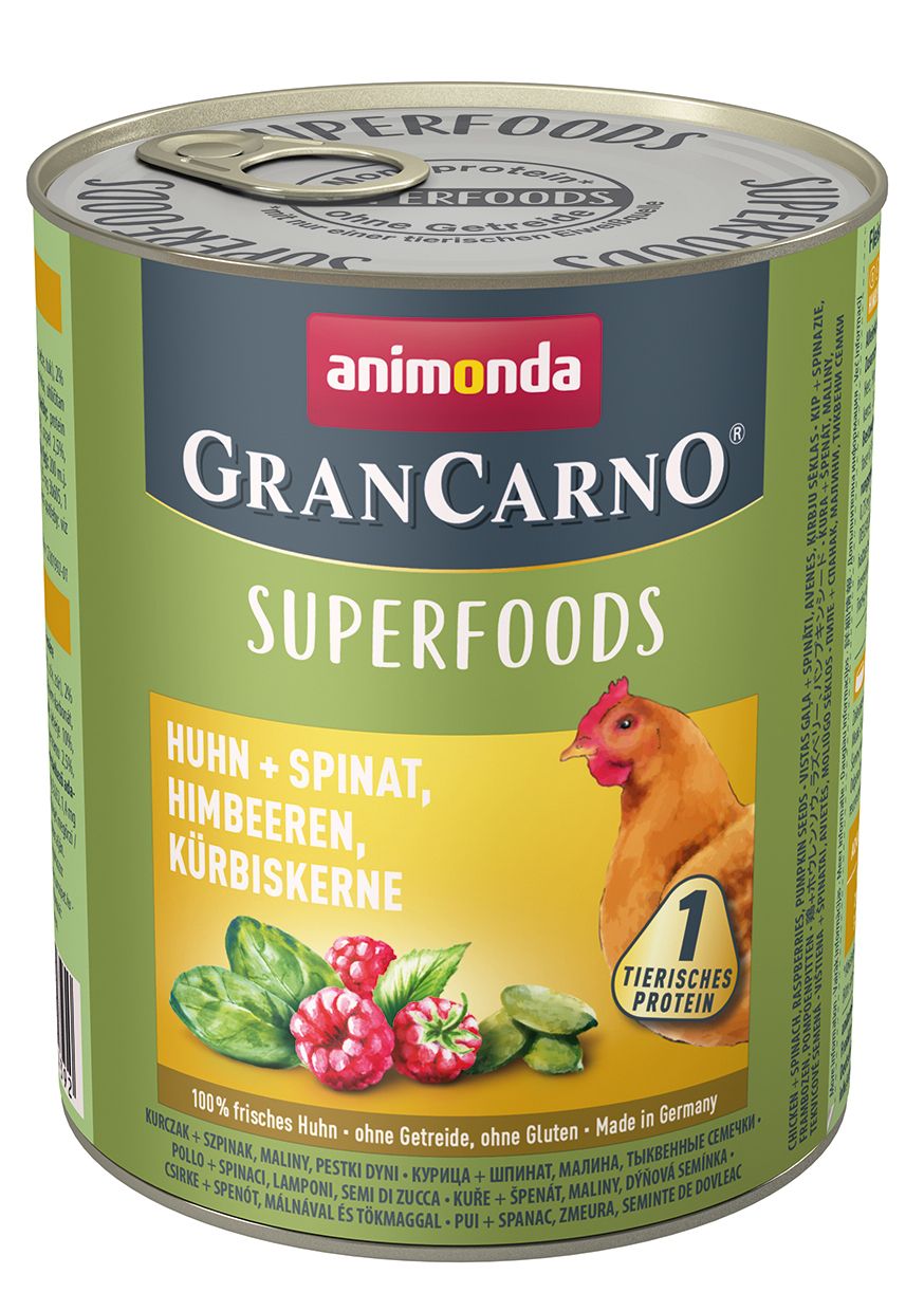 Animonda GranCarno Superfoods 6x800g Huhn + Spinat, Himbeeren, Kürbiskerne