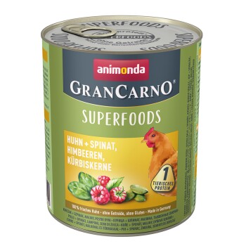 GranCarno Superfoods 6x800g Huhn + Spinat, Himbeeren, Kürbiskerne