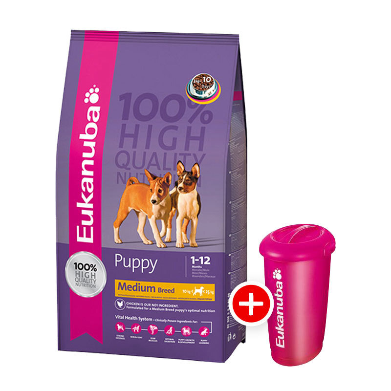 Eukanuba Puppy und Junior mittelgroße Rassen 15kg + gratis Futtertonne