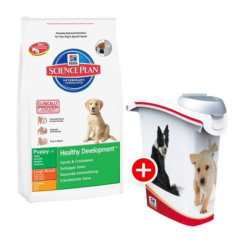 Hill's Canine Puppy Large Breed mit Huhn 11kg + Futtertonne
