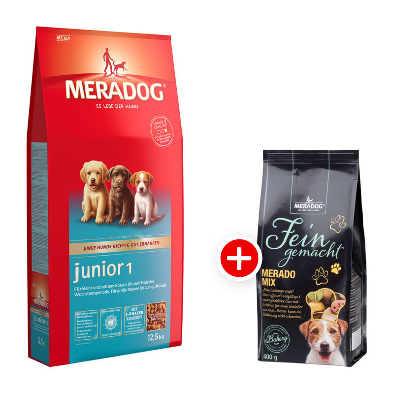 Mera Dog Junior 1 12,5 kg + Meradog Fein Gemacht Merado Mix 400g gratis