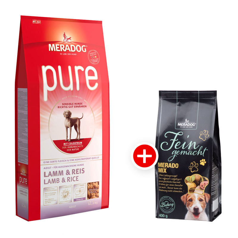 Mera Dog Pure Lamm & Reis 12,5kg + Meradog Fein Gemacht Merado Mix 400g gratis
