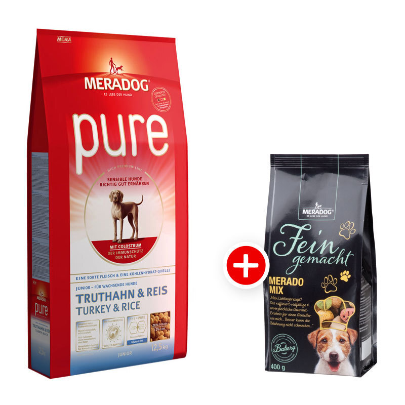 Mera Dog Pure Junior Truthahn & Reis 12,5kg + Meradog Fein Gemacht Merado Mix 400g gratis